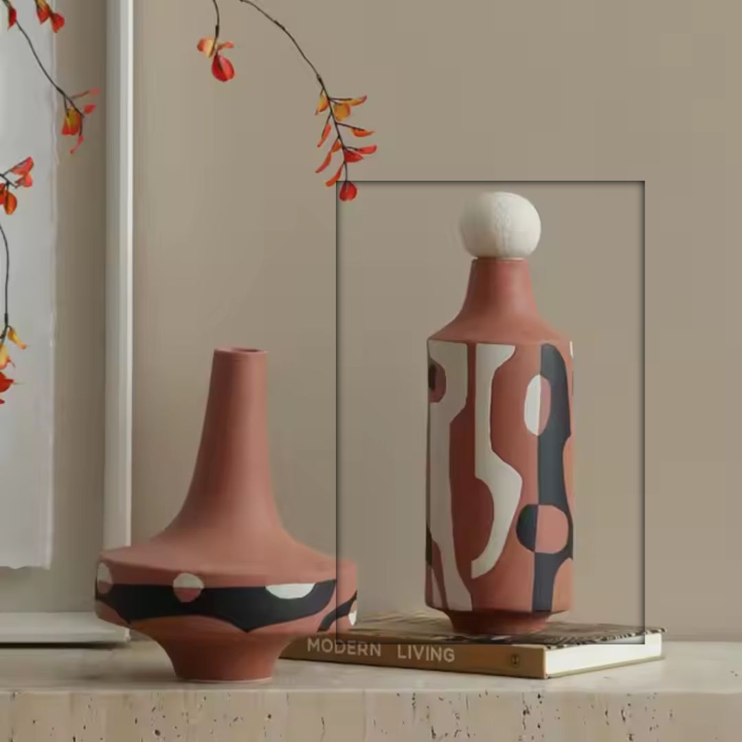 Black And White Painted Red Hand-Painted Ceramic Vase-A FD-D25054A -  Vases - ebarza Furniture UAE | Shop Modern Furniture in Abu Dhabi & Dubai - مفروشات ايبازرا في الامارات | تسوق اثاث عصري وديكورات مميزة في دبي وابوظبي