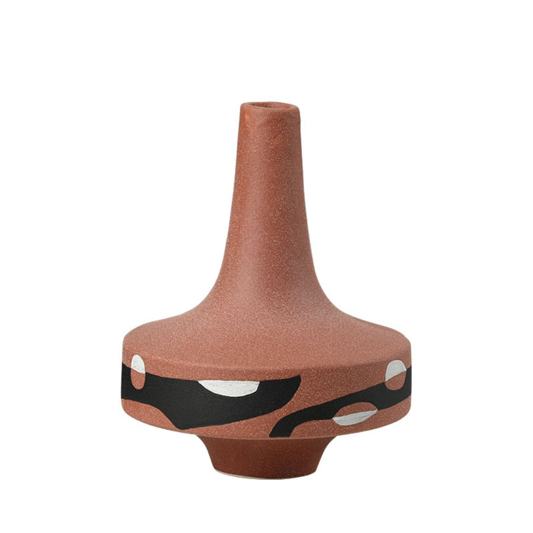Hand-painted black, white, and red ceramic vase by BEACON, featuring a vibrant, artistic design with a classic vase shape.