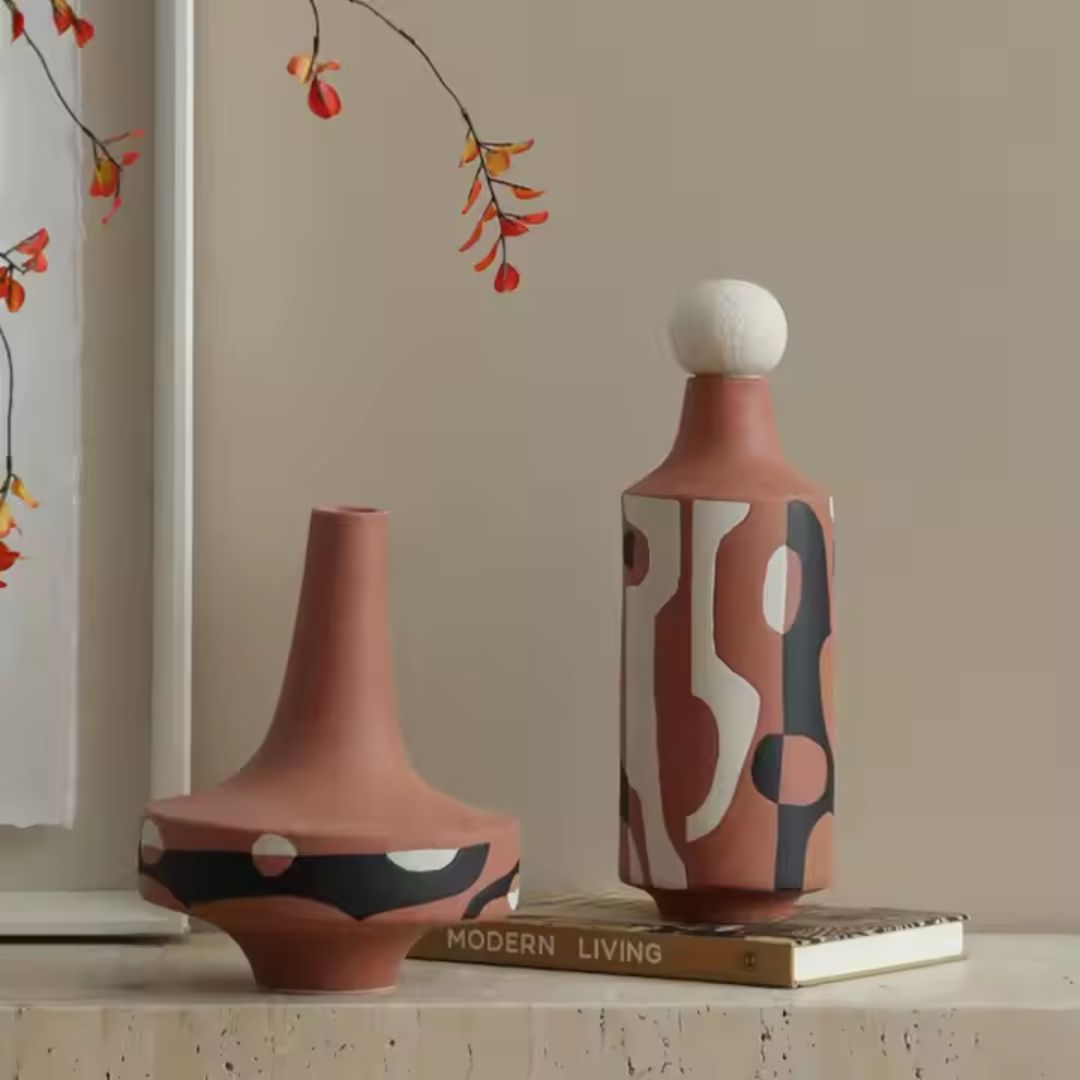 Black and white hand-painted ceramics vase with red accents, crafted by BEACON, decorative vase for home decor.
