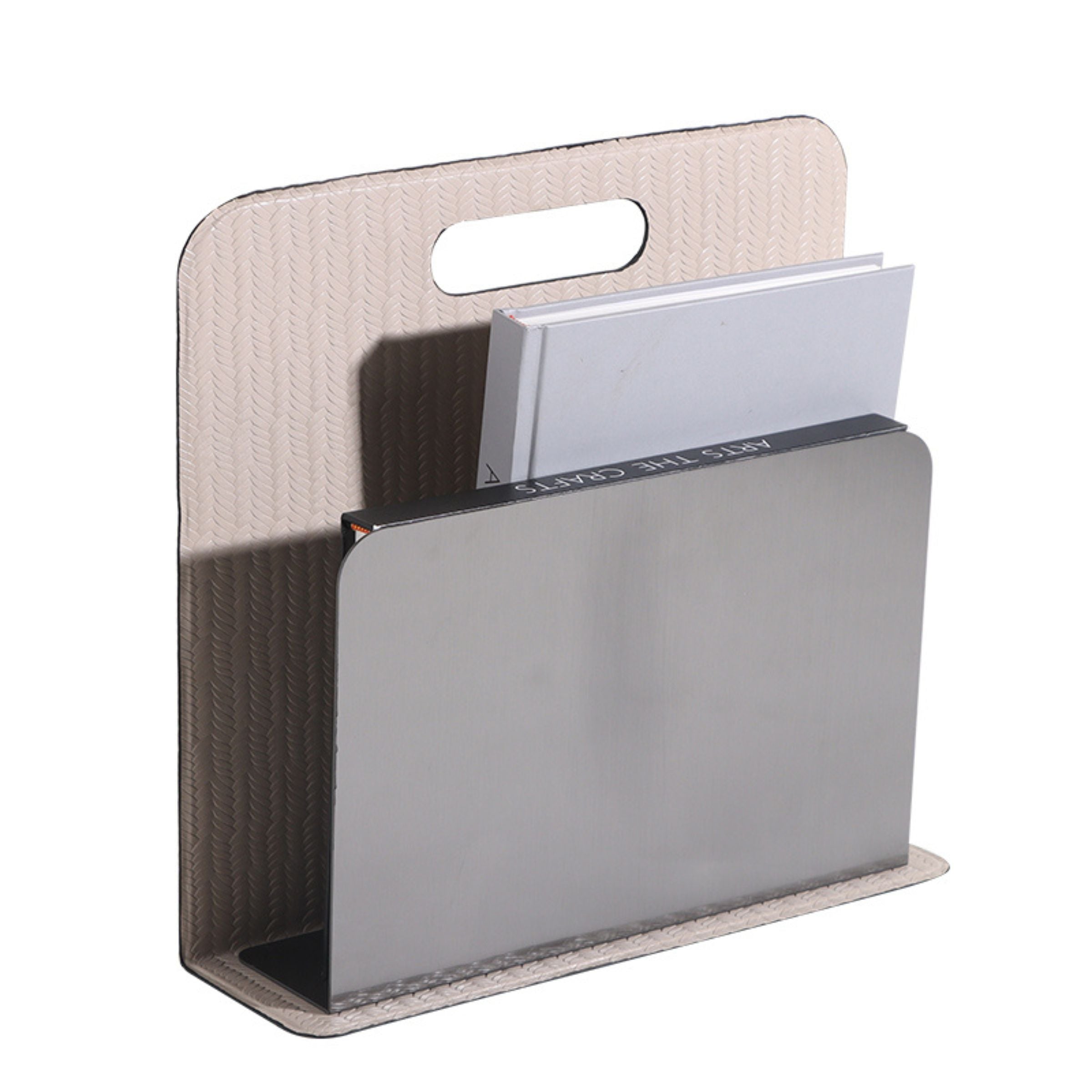 Black and beige Beacon magazine rack DW200850A bookends holding magazines for organized display.