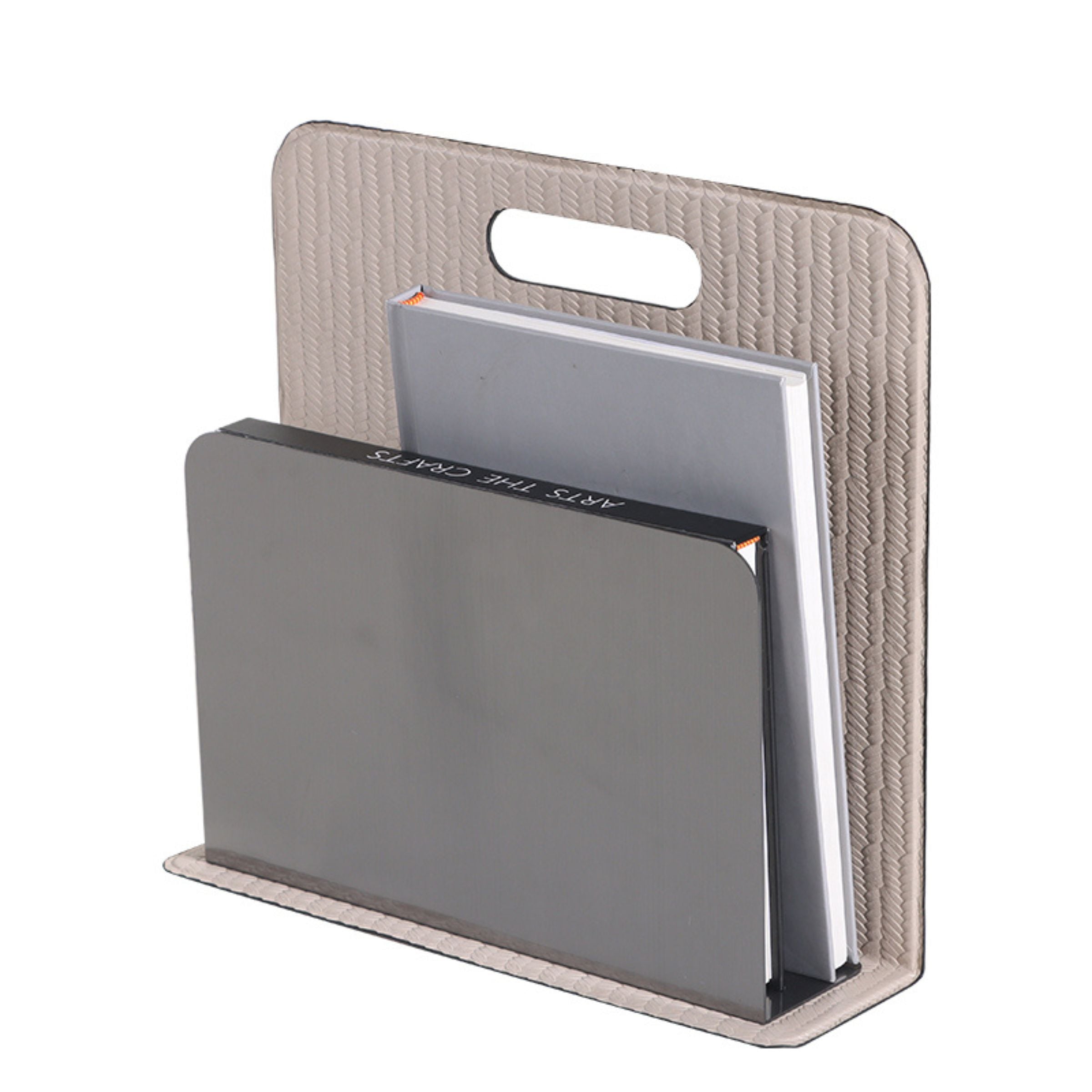 Black and beige Beacon magazine rack DW200850A bookends holding magazines, stylish and functional home or office organization.