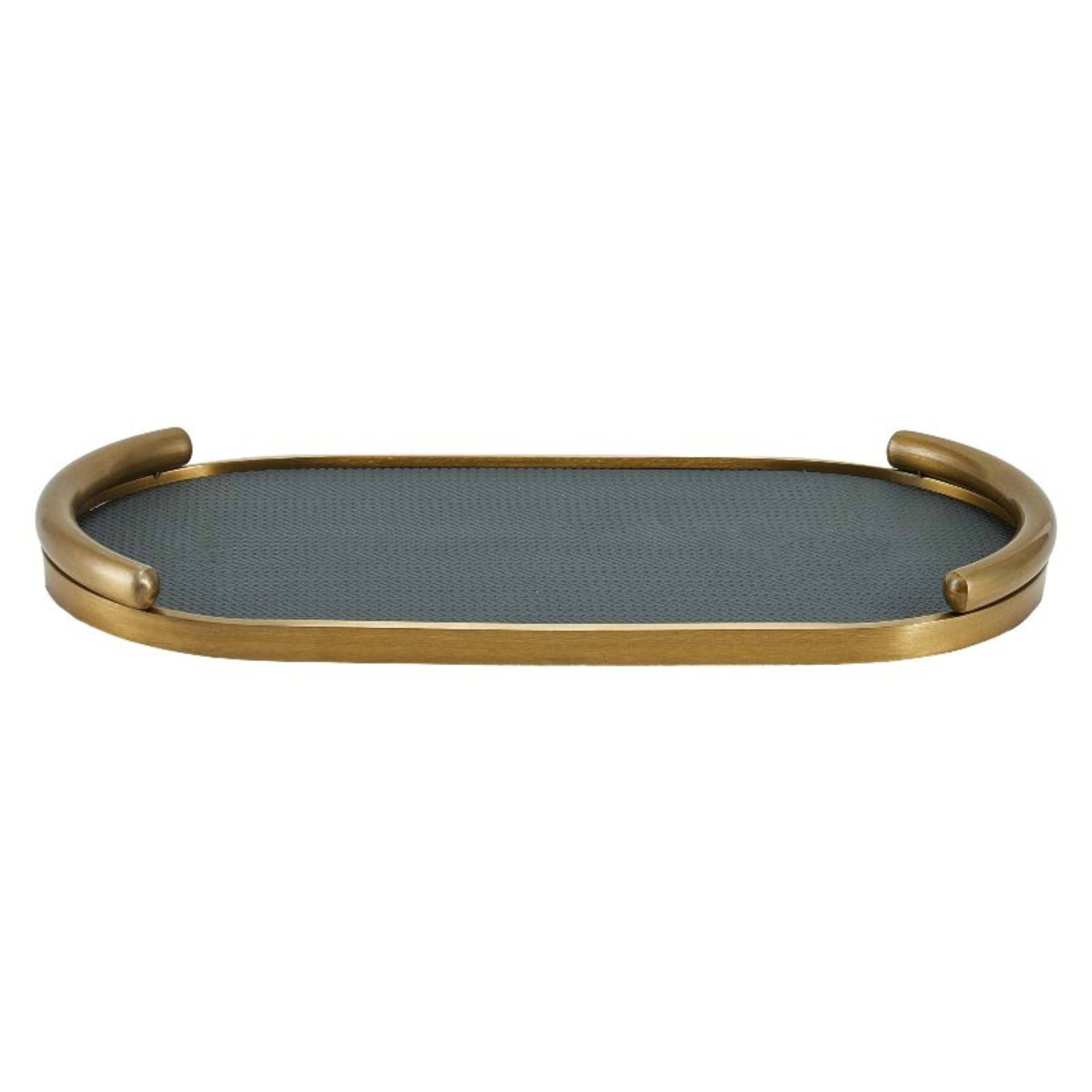 Black and brushed gold oval leather tray by Beacon, featuring a sleek design perfect for stylish home organization.