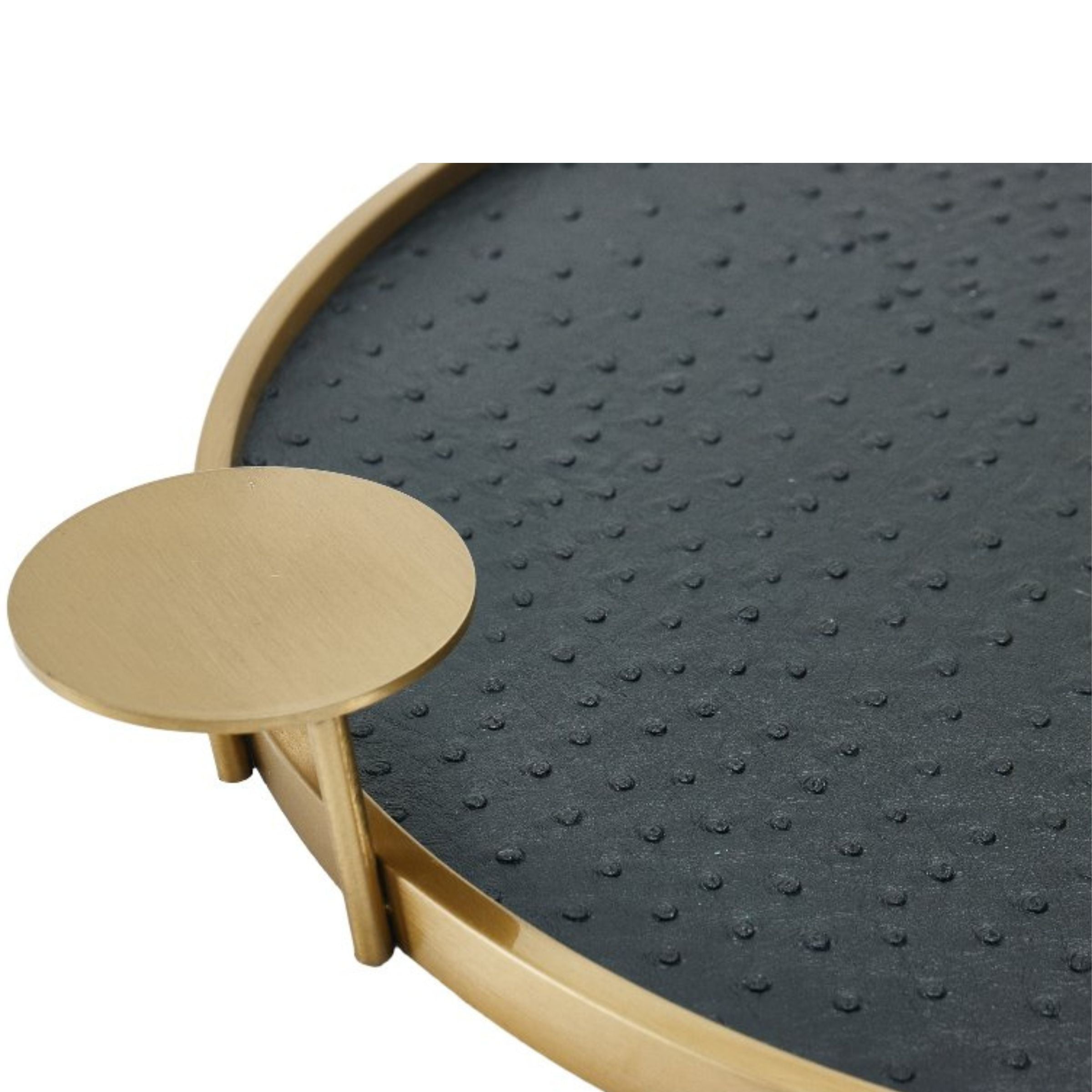 Black and brushed gold round decorative tray by Beacon, perfect for stylish home organization or display.