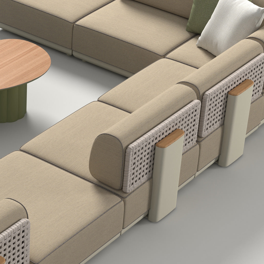 BEACON outdoor block pouf in neutral fabric, versatile seating or footrest for patio or garden spaces.