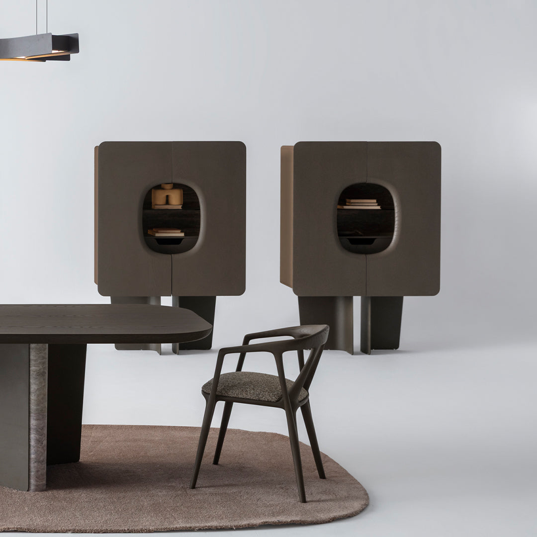 HOMAGE KOLTUK bold showcase cabinet with sleek design, featuring glass doors and wood finish for stylish storage.