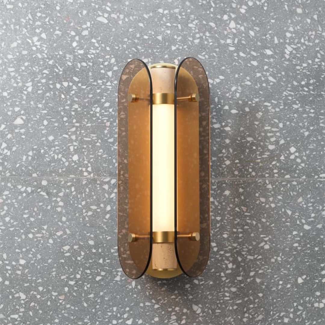 Brass aluminum and marble LED wall lamp by Beacon, model MB21955-2-150, featuring modern design and ambient lighting.