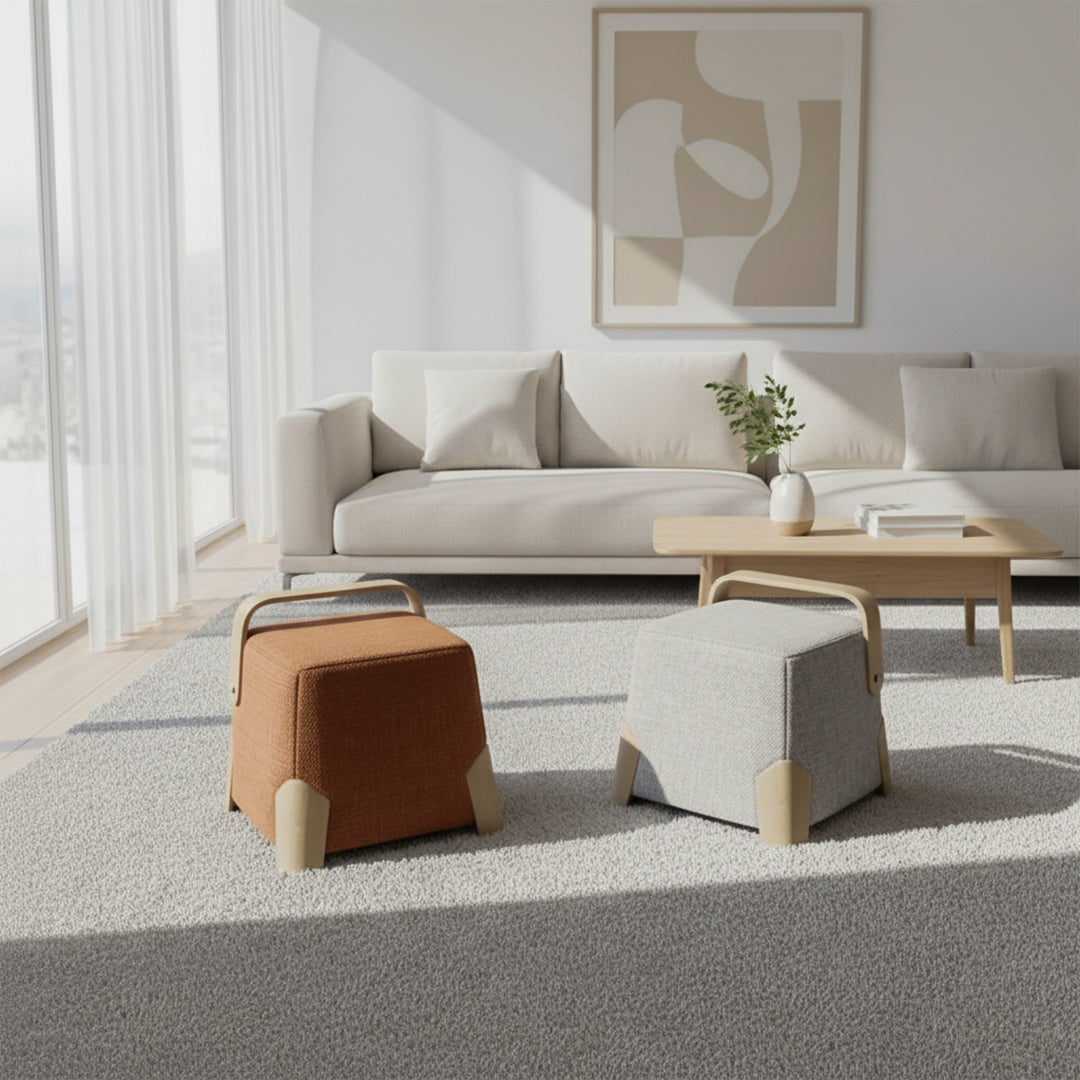 Beige Brick Low Stool MZ7959 by BEACON, a stylish pouf with a brick design, perfect as footrest or accent seating.