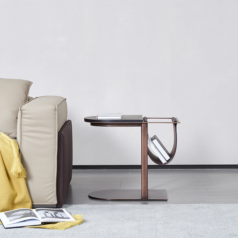 Bronze metal side table with saddle leather top, stylish and modern design from BEACON, perfect for living room or bedroom decor.