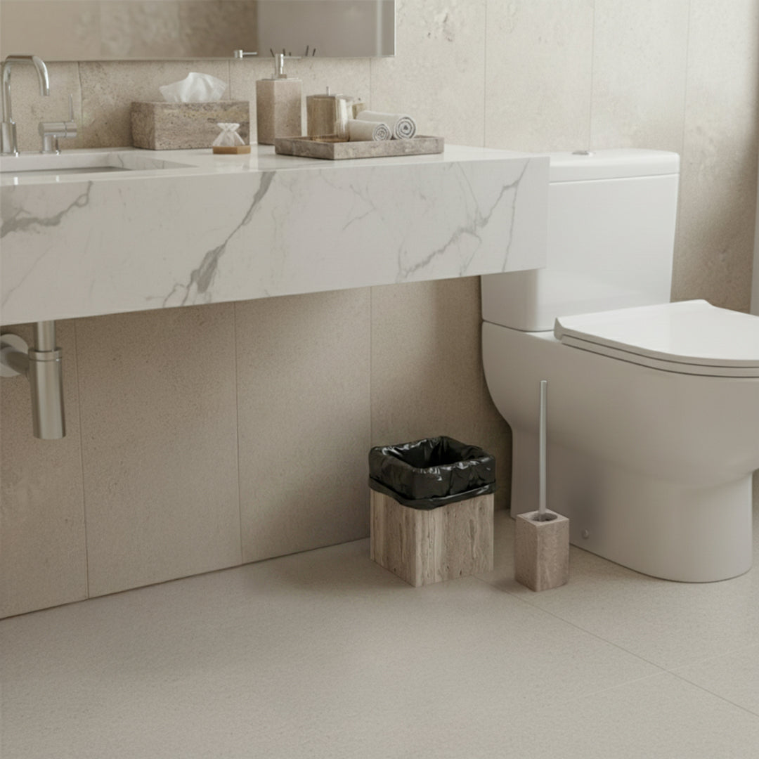 BEACON BRUNO bathroom accessories garbage bin and planter box in black, compact and functional for bathroom organization.