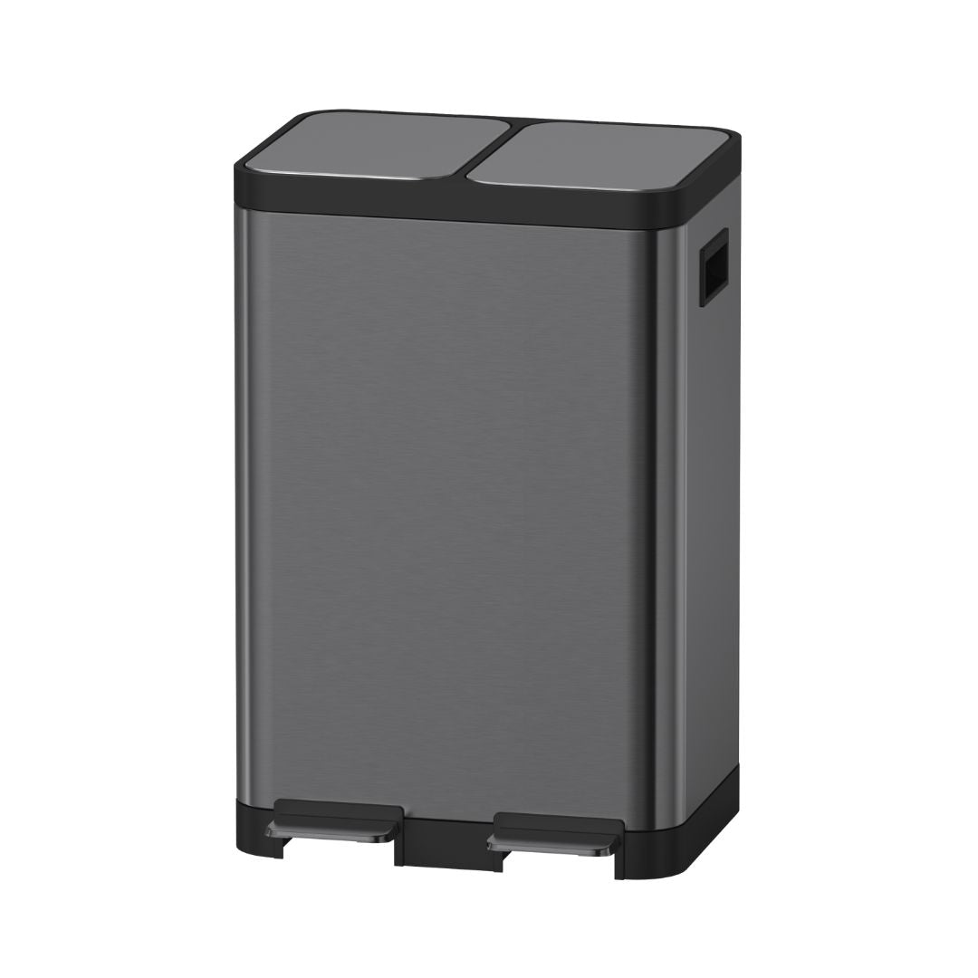 Brushed black BEACON pedal trash bin with foot pedal and lid, model JH-8869, modern waste disposal container.