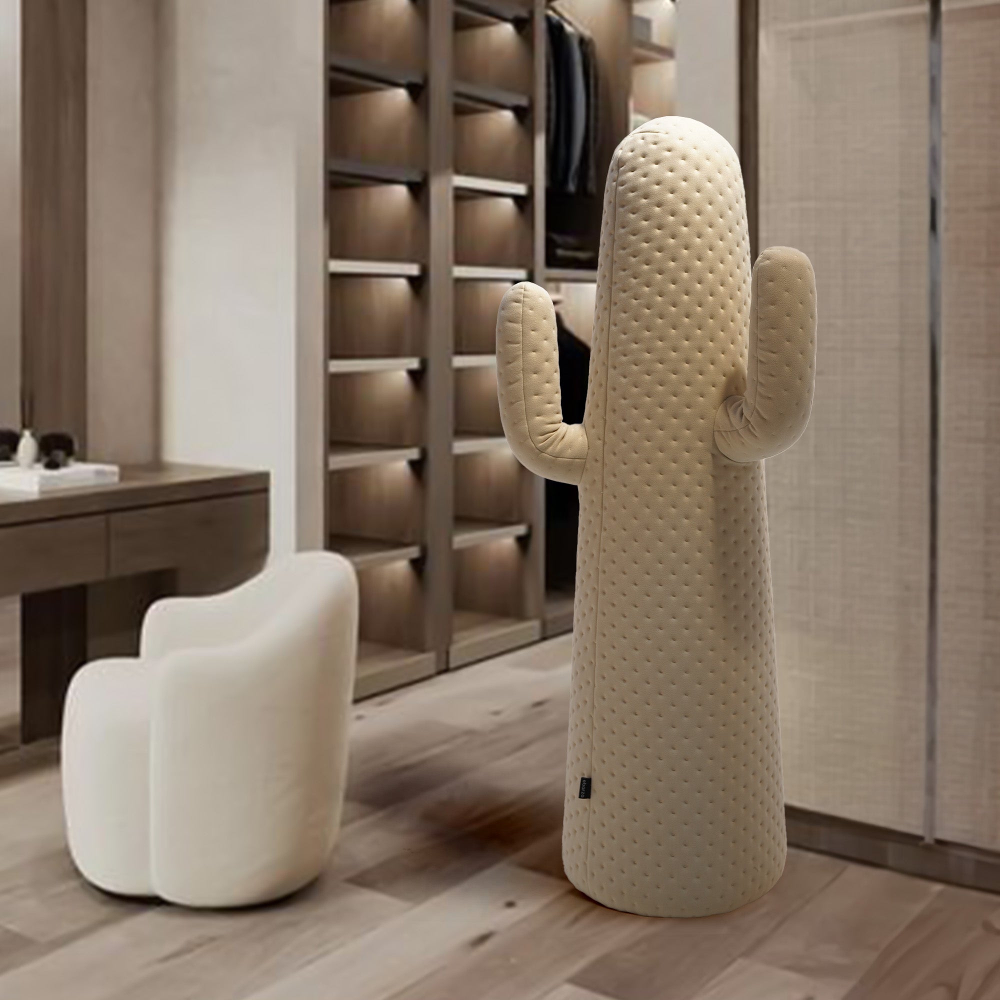Large beige cactus-shaped coat rack with multiple hangers, designed by BEACON, ideal for organizing coats and accessories.