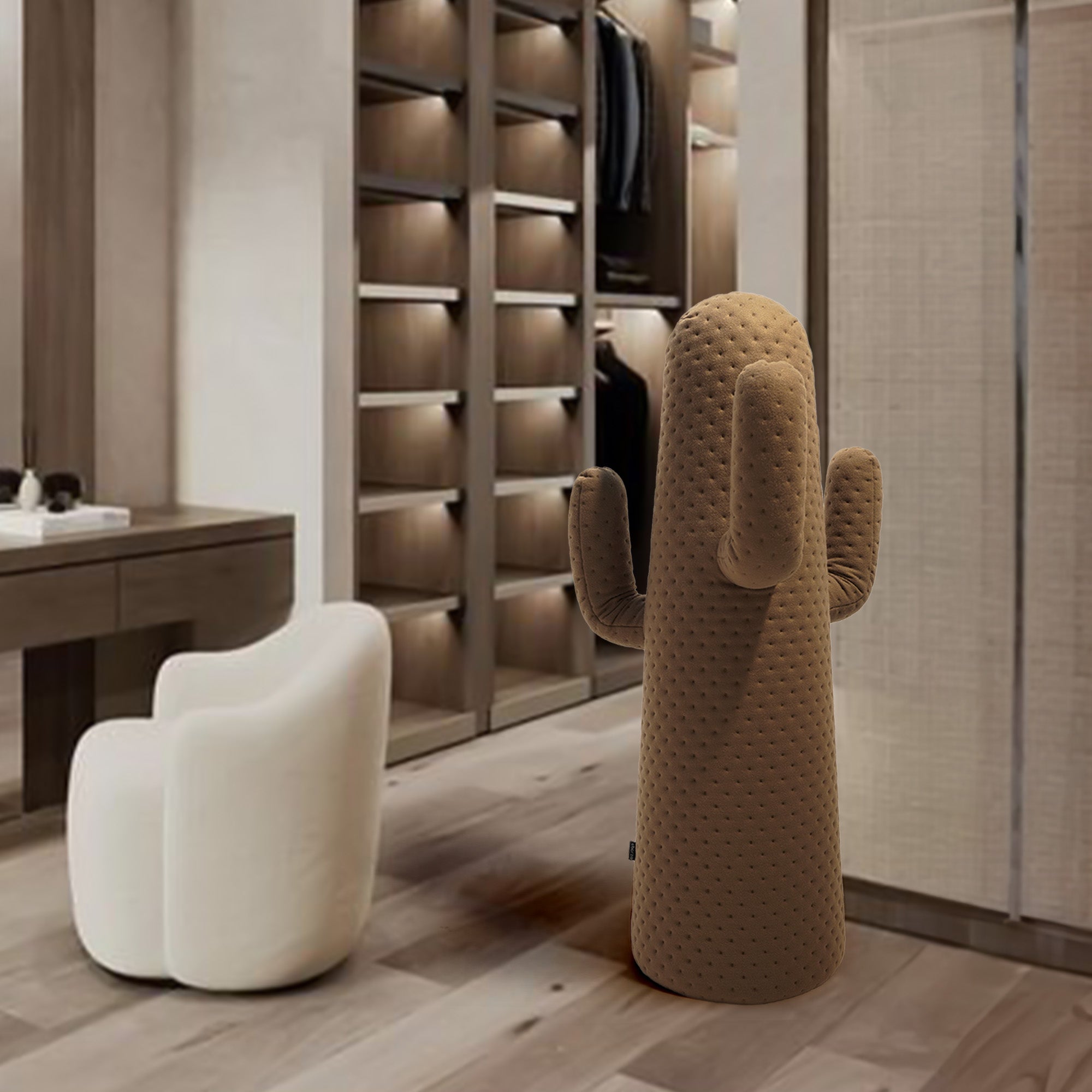 Beige cactus-shaped coat stand with trumpet hooks, designed for hanging coats and accessories, by BEACON.