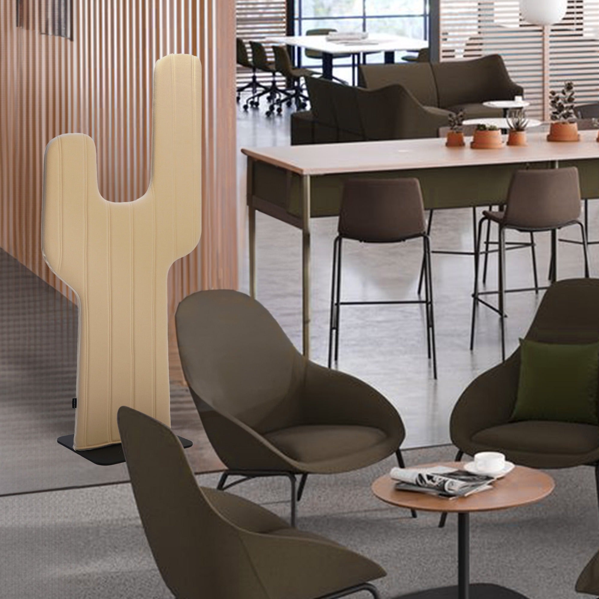 Beige cactus-themed office screen barrier by BEACON, providing privacy and separation in workspace environments.