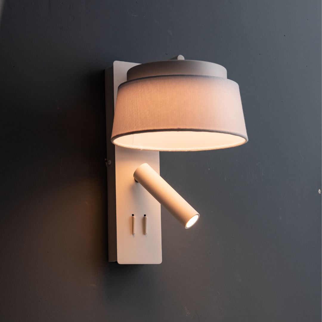 Calm Hotel Style Headboard/ Wall Reading Lamp Calm-WLB)-01  FI White+Grey linen shade -  Wall Lamps - ebarza Furniture UAE | Shop Modern Furniture in Abu Dhabi & Dubai - مفروشات ايبازرا في الامارات | تسوق اثاث عصري وديكورات مميزة في دبي وابوظبي