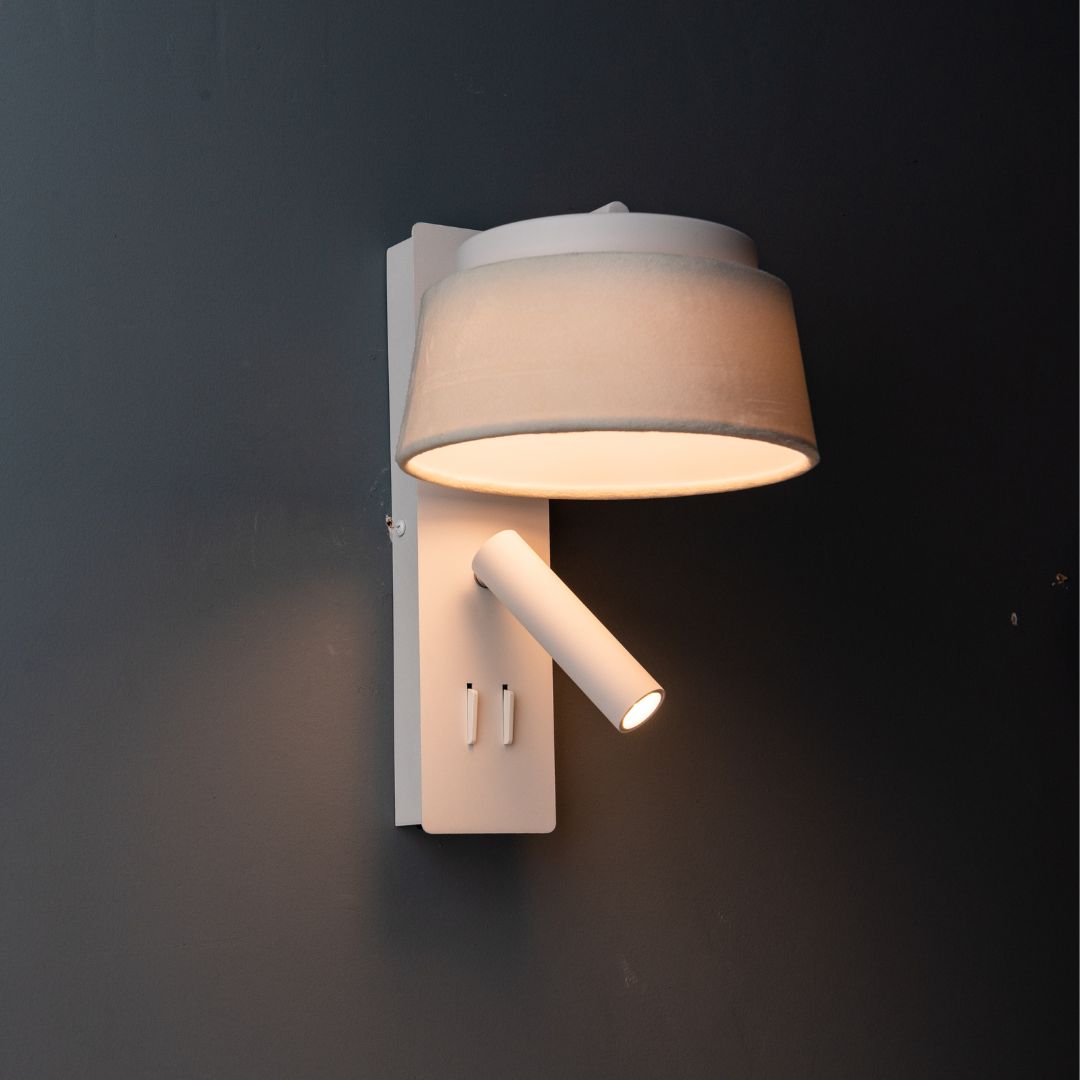 BEACON hotel-style wall reading lamp with white and grey linen shade, designed for headboard or wall mounting.