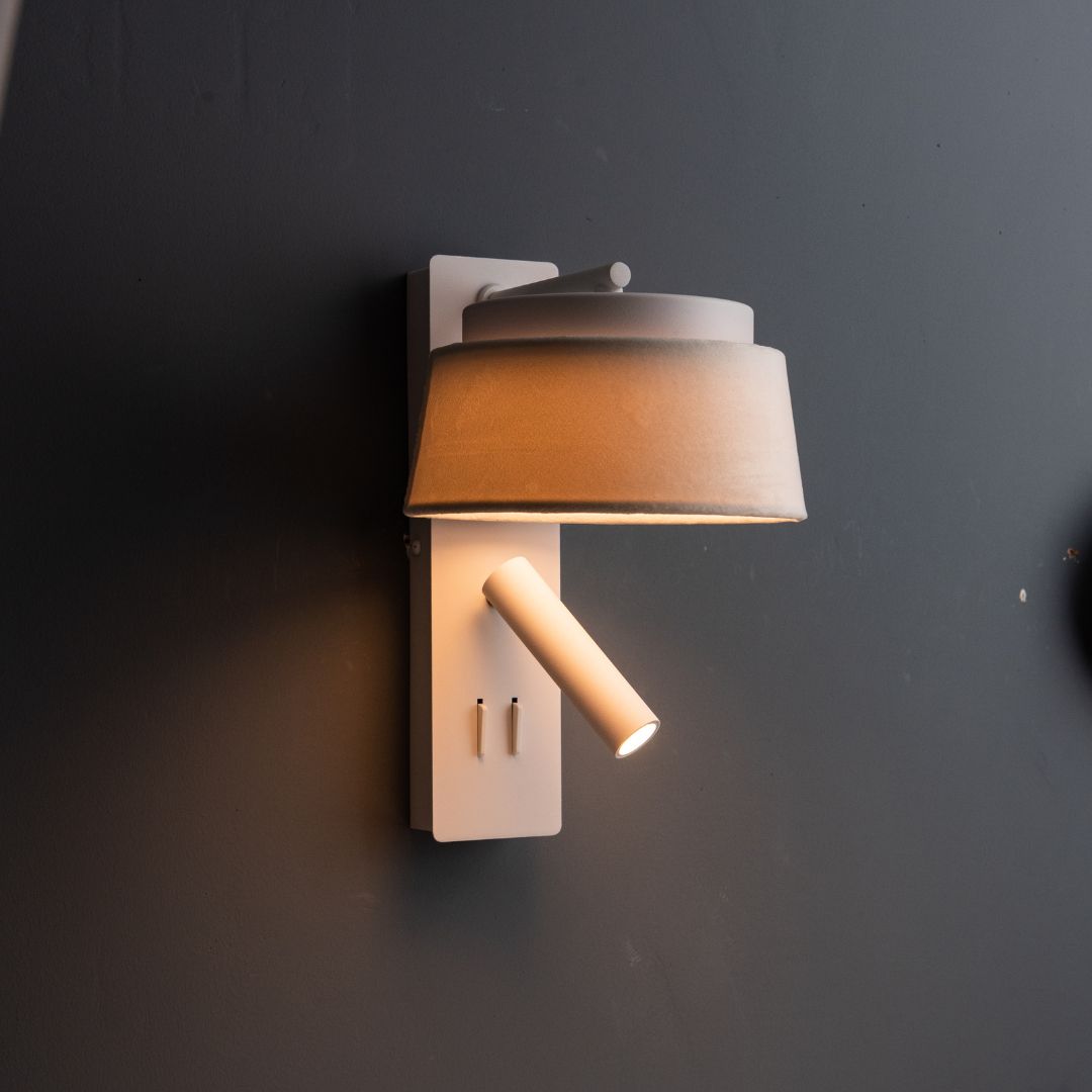 Calm hotel style wall reading lamp with white and grey linen shade, designed for headboards, by BEACON YSDG.