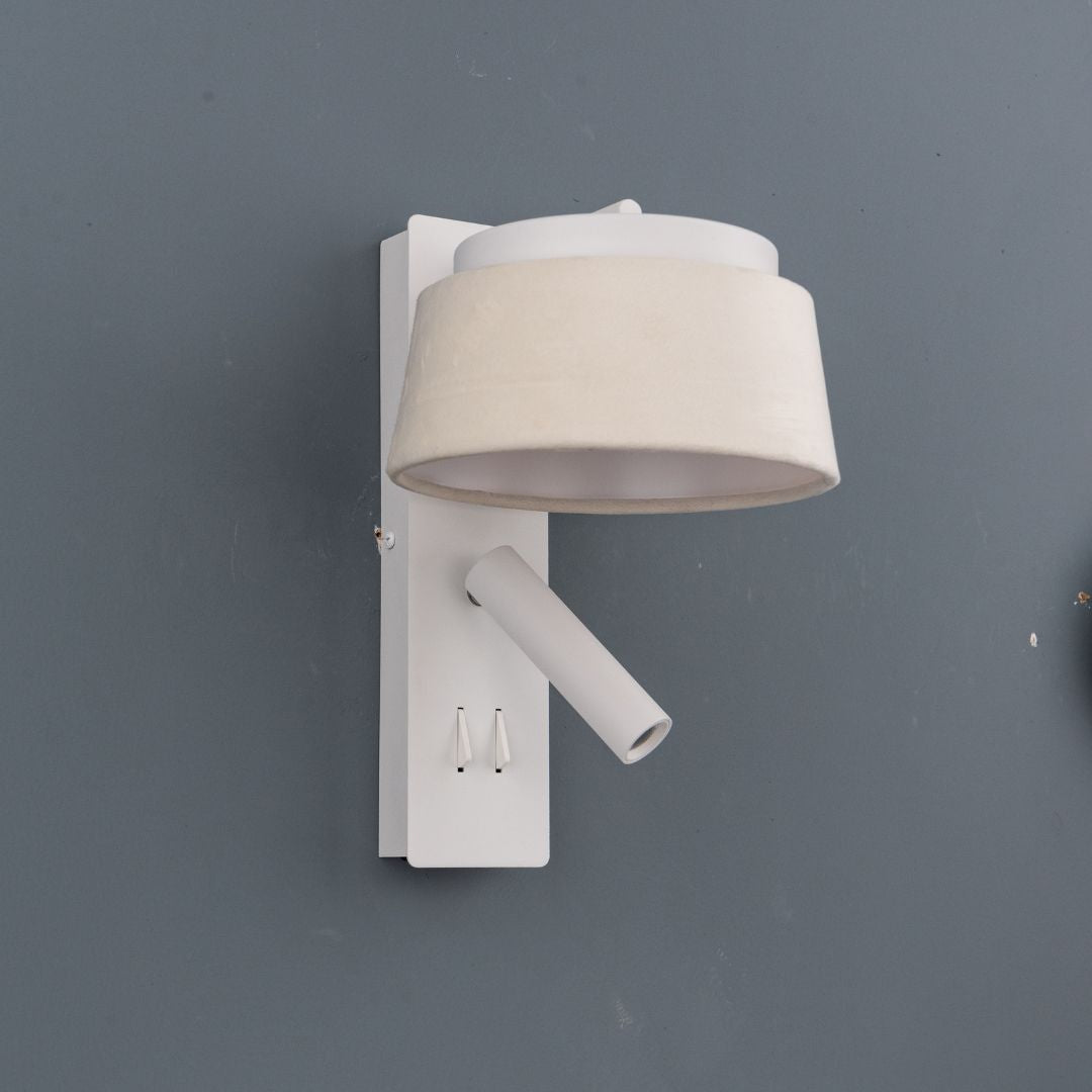 BEACON Calm Hotel Style Wall Reading Lamp with white and grey linen shade, designed for headboard or wall lighting.