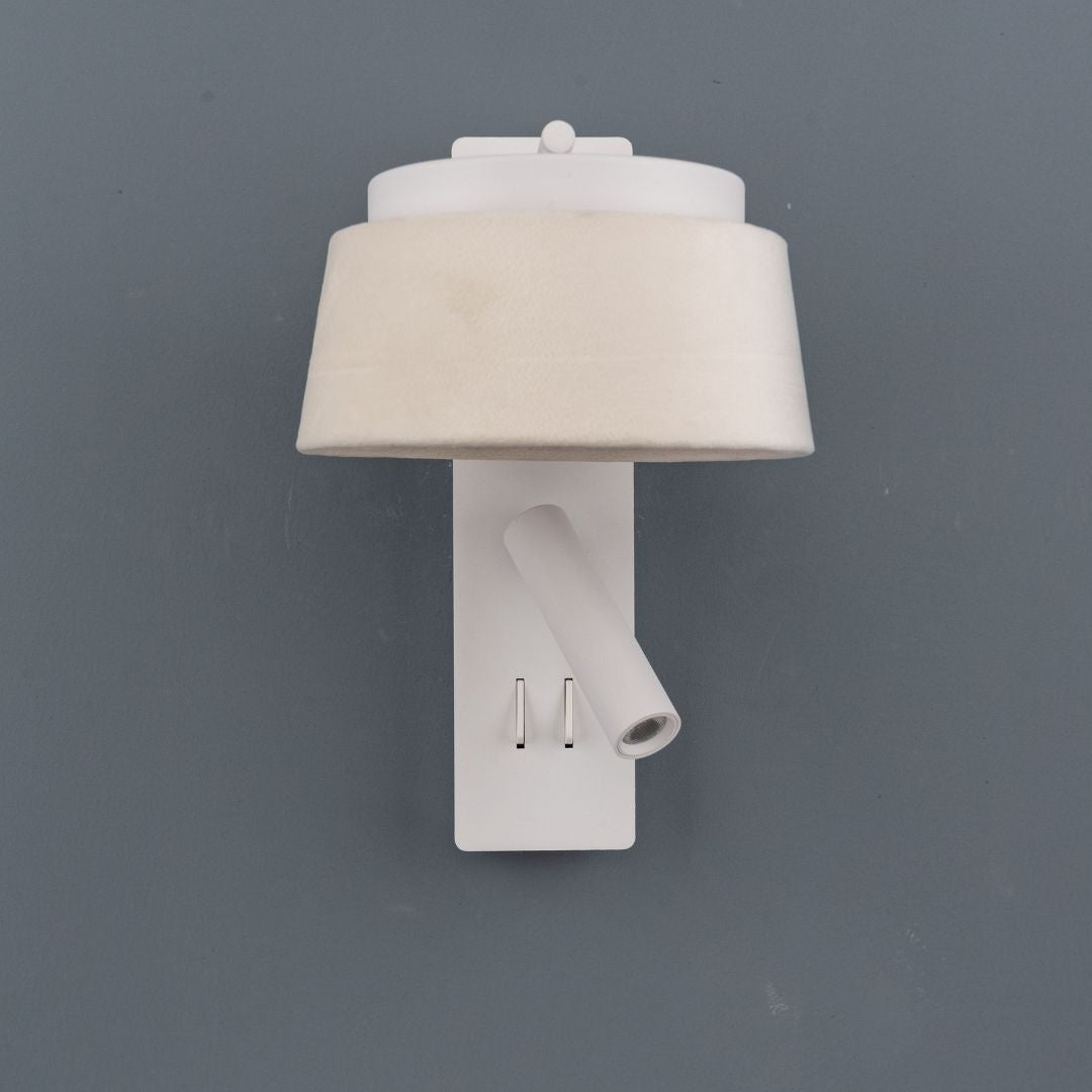 BEACON Calm hotel style wall reading lamp with white and grey linen shade, designed for headboard or wall lighting.