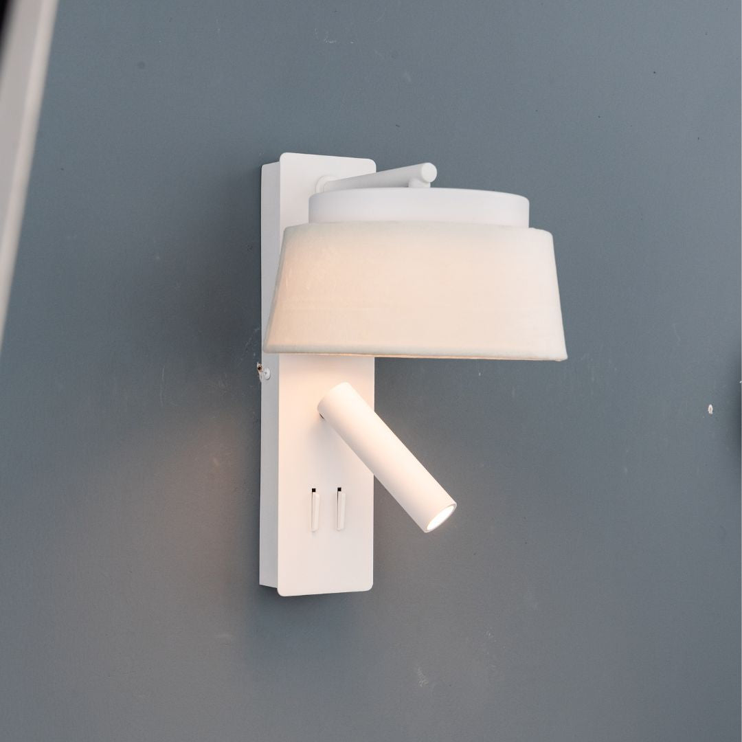 Calm Hotel Style Wall Reading Lamp with white and grey linen shade by BEACON, designed for headboards or wall mounting.