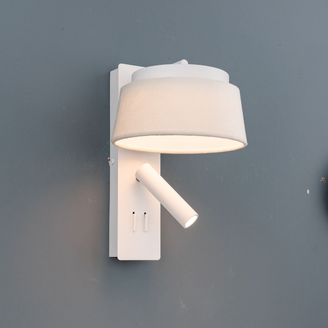 BEACON Calm Hotel Style Wall Reading Lamp with white and grey linen shade, designed for headboard or wall mounting.