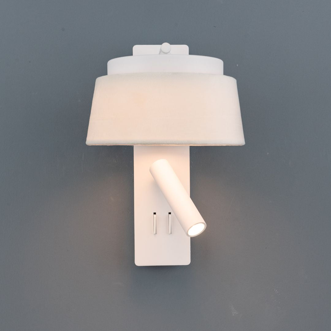 BEACON Calm hotel-style wall reading lamp with white and grey linen shade, designed for headboards and bedroom lighting.