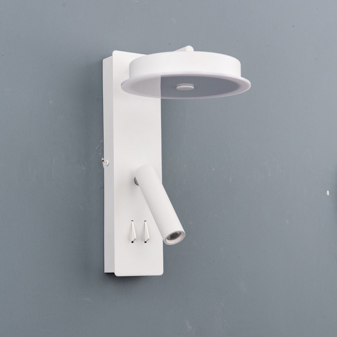 BEACON Calm Hotel Style Wall Reading Lamp with white and grey linen shade, designed for headboard or wall lighting.