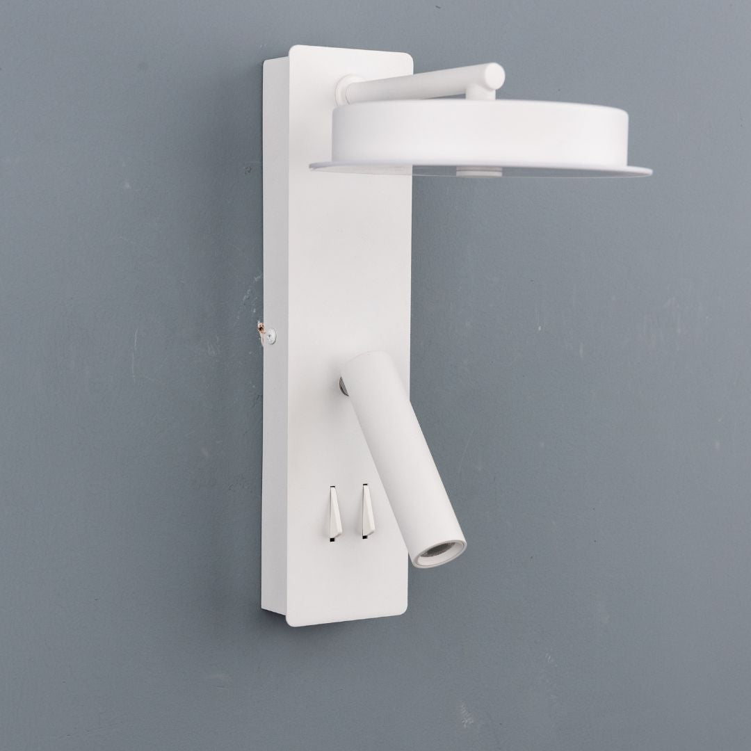 Calm hotel-style wall reading lamp with white and grey linen shade, designed for headboards or wall mounting, by BEACON.