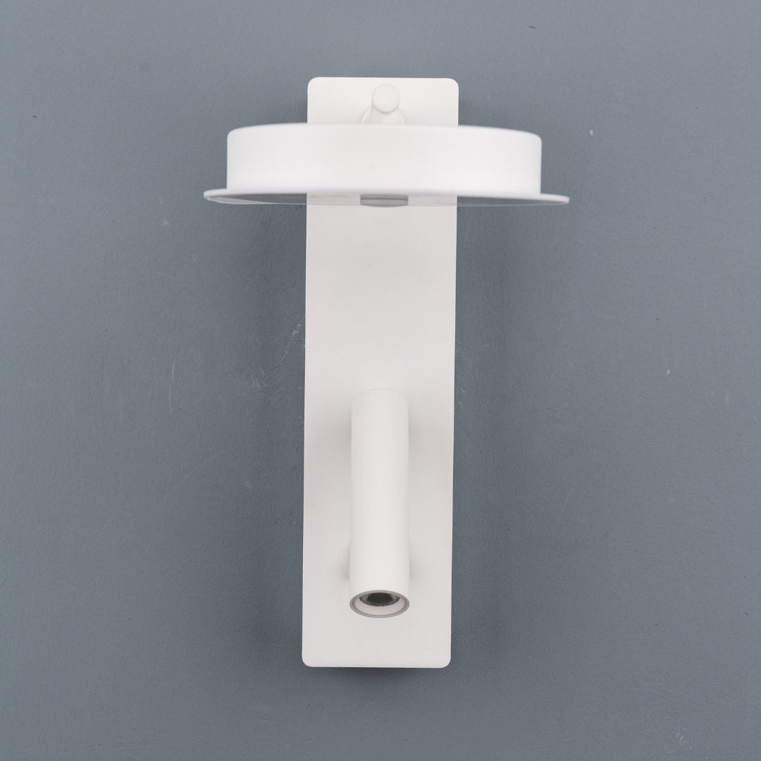 Calm hotel-style wall reading lamp with white and grey linen shade, designed for headboards and bedroom decor by BEACON.