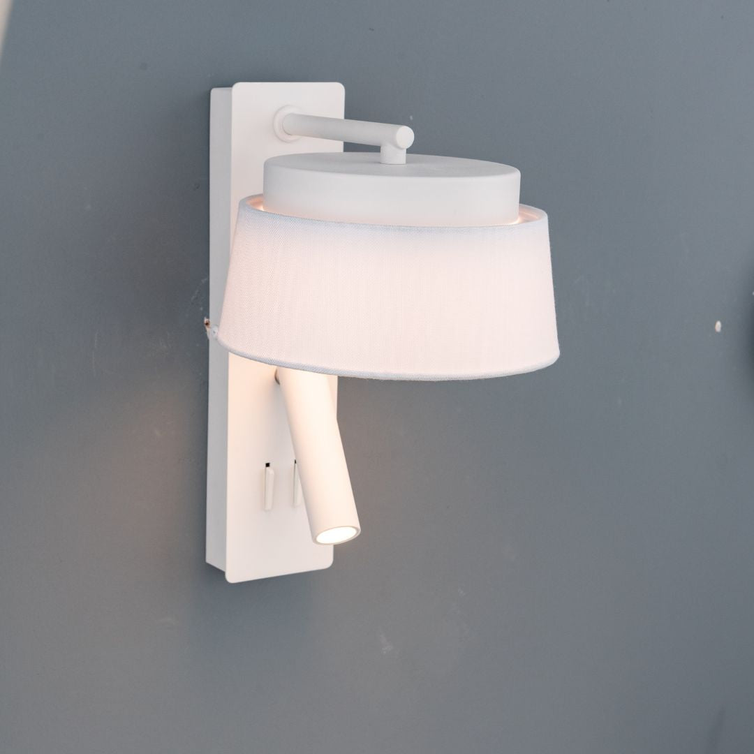 Calm hotel-style wall reading lamp with white and grey linen shade, designed by BEACON, ideal for headboard or bedside lighting.
