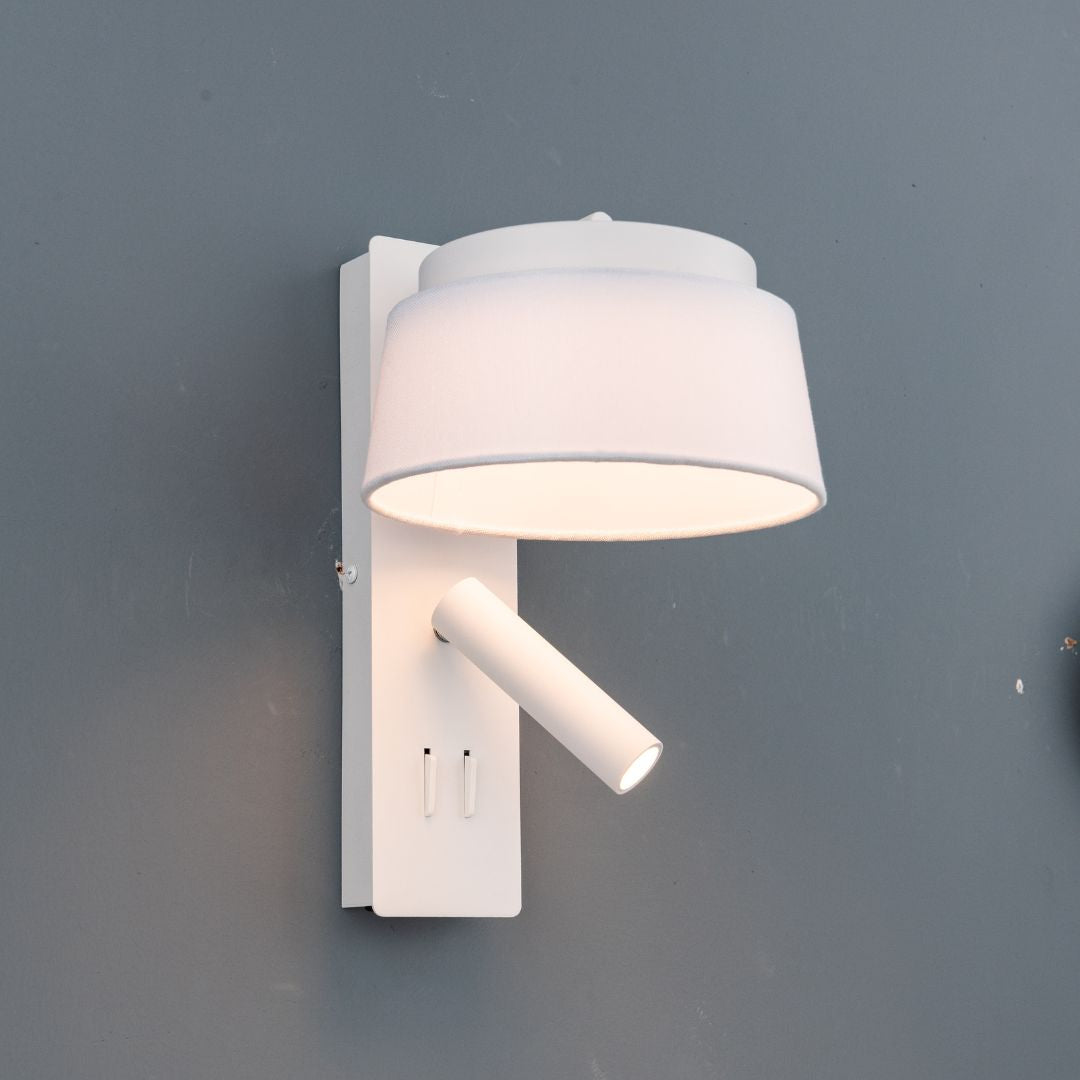 BEACON hotel-style wall reading lamp with white and grey linen shade, designed for headboard or wall installation.
