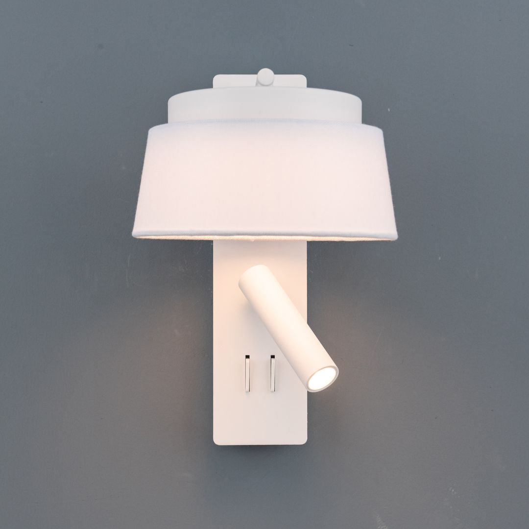 Calm hotel-style wall reading lamp with white and grey linen shade, wall-mounted design from BEACON YSDG.