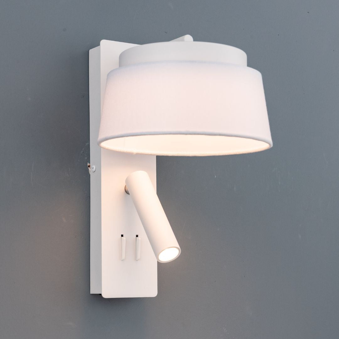 BEACON hotel-style wall reading lamp with white and grey linen shade, designed for headboard or wall installation.