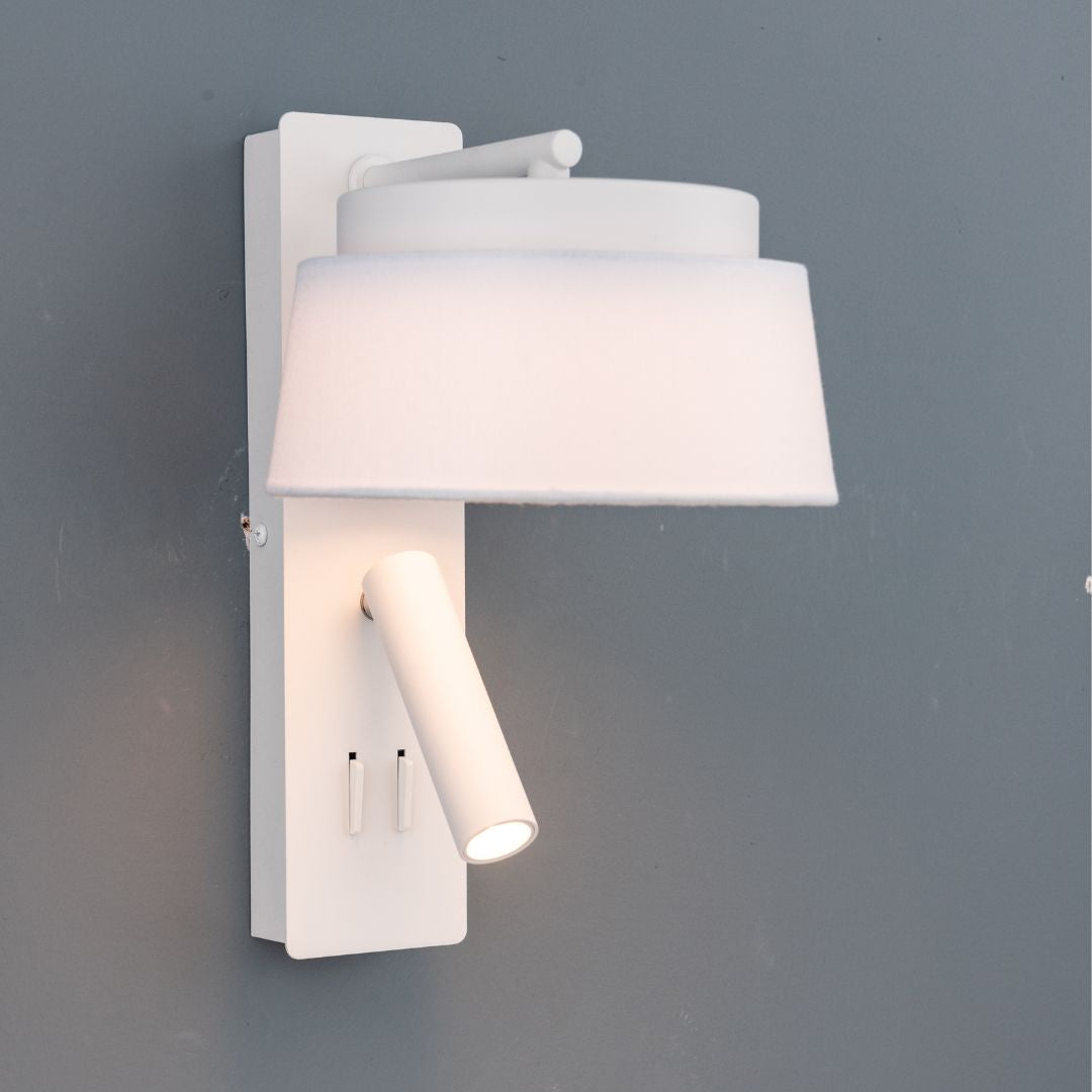 BEACON Calm hotel style wall reading lamp with white and grey linen shade, suitable for headboards or wall mounting.