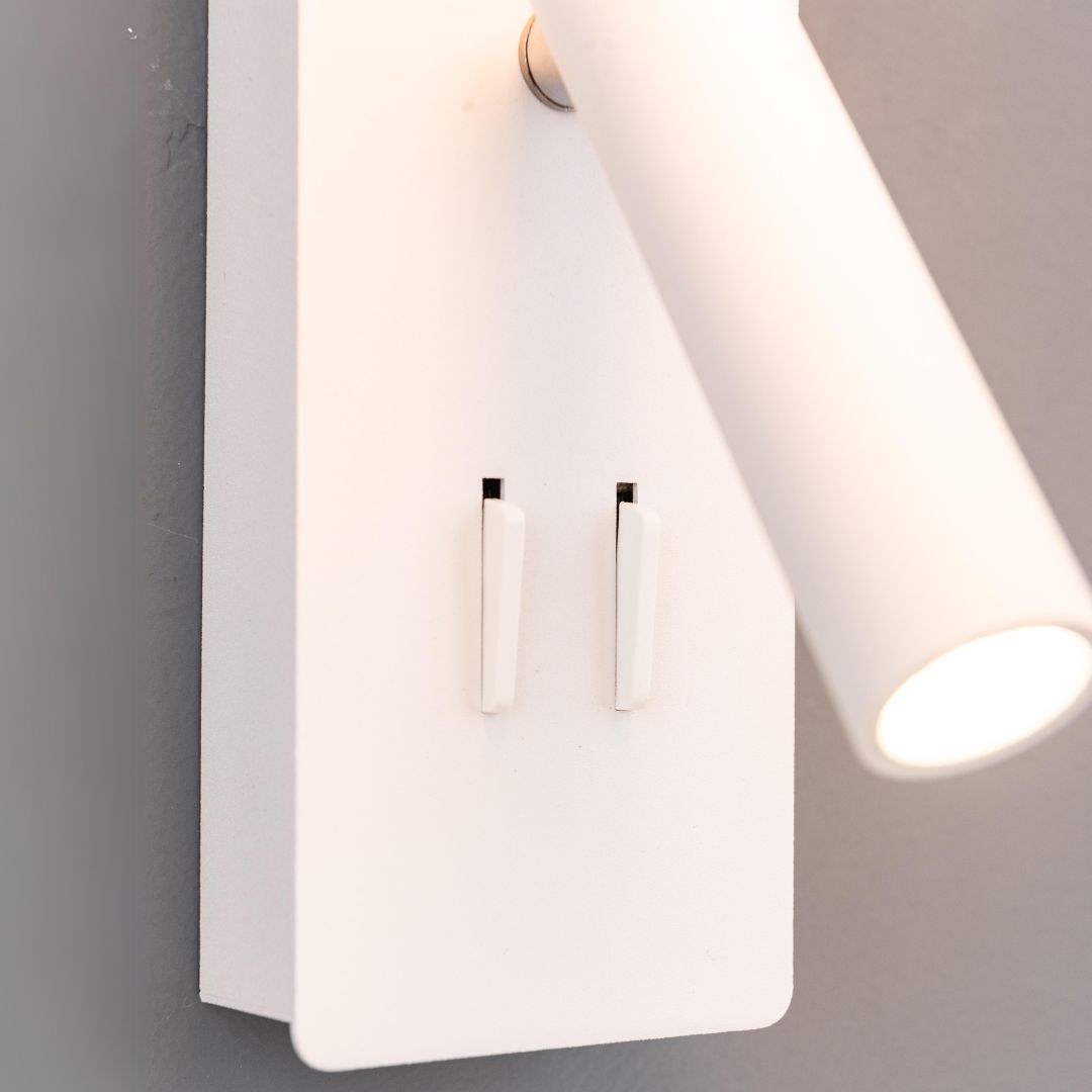 Calm hotel-style wall reading lamp with white and grey linen shade, designed for headboards and wall lighting by BEACON.