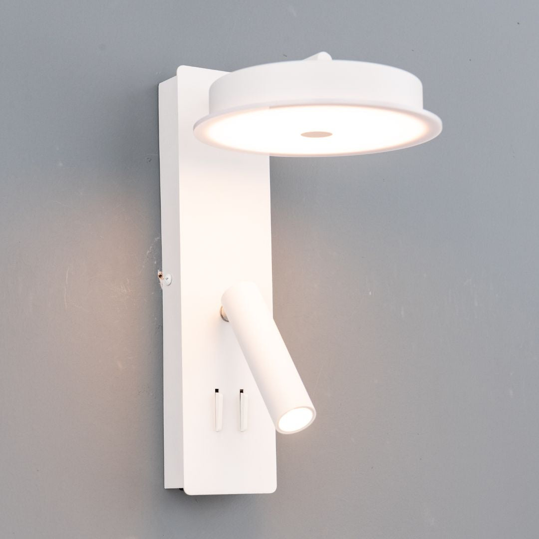 BEACON Calm Hotel Style Wall Reading Lamp with white and grey linen shade, designed for headboard or wall lighting.