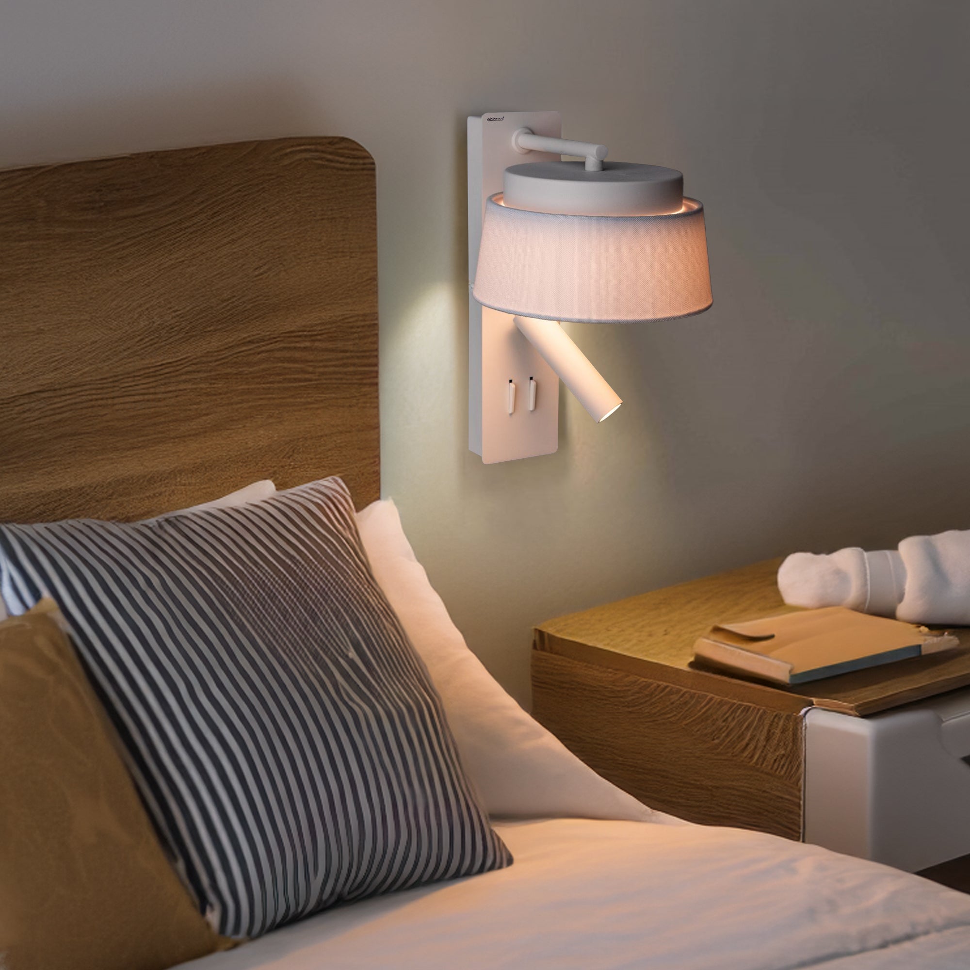 Calm hotel style wall reading lamp with white and grey linen shade, designed for headboards and wall lighting by BEACON.