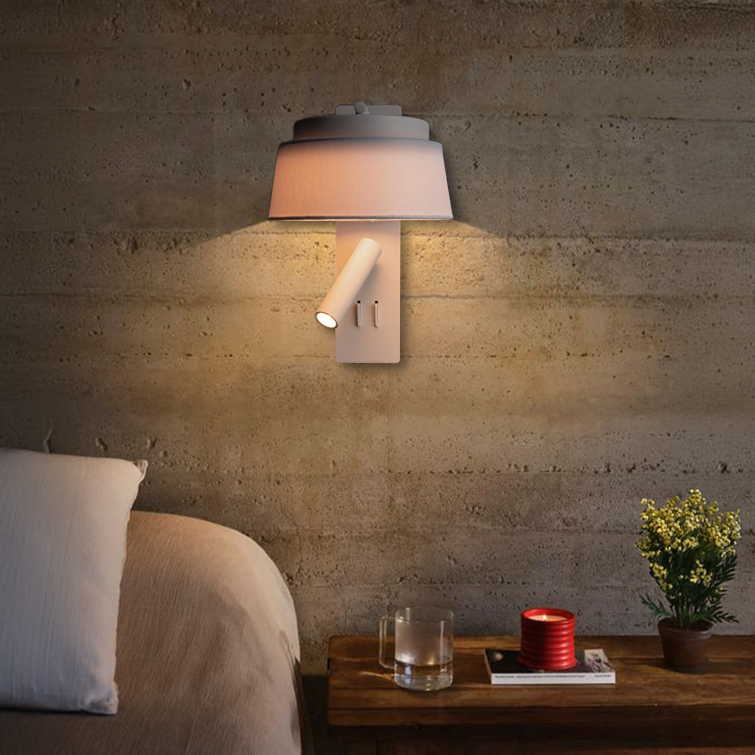 BEACON wall reading lamp with white and grey linen shade, hotel-style headboard wall lamp for cozy bedroom lighting