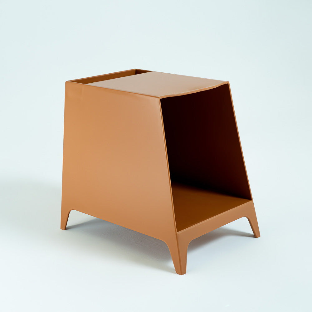 Caramel RUDI side table with a sleek modern design, suitable for bedside or living room use.