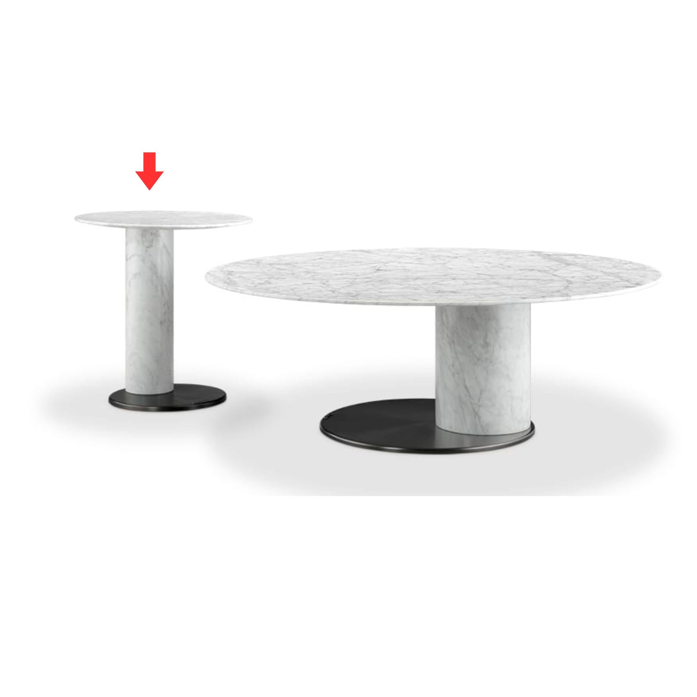 Carrara marble side table with round top and gold metal legs, modern design from BEACON brand.