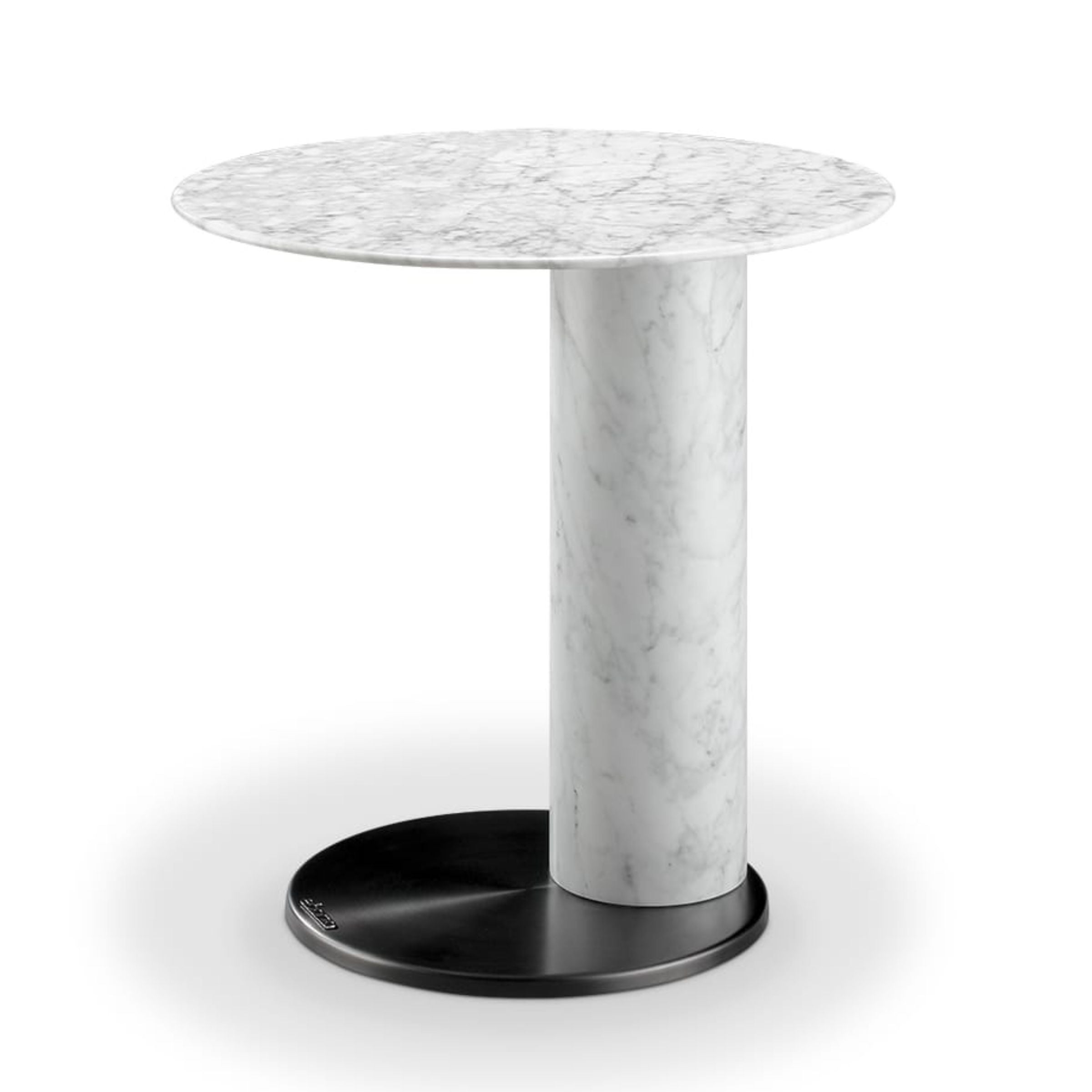 Carrara marble side table by BEACON featuring a sleek round top and modern design, perfect for living room or bedroom decor.