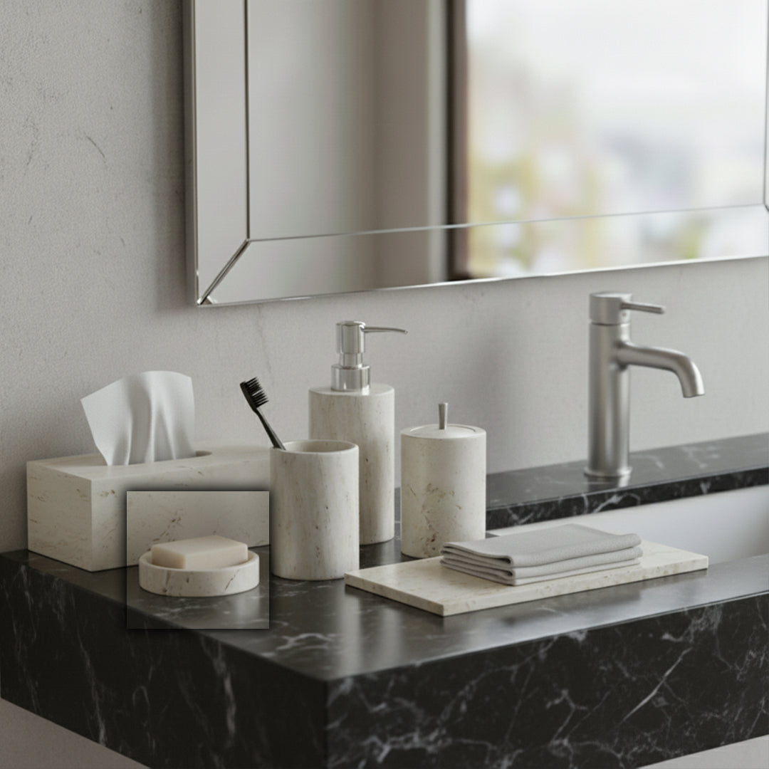 Cave stone circular soap dish from Beacon bathroom accessories, durable stone design, ideal for holding soap in the bathroom.