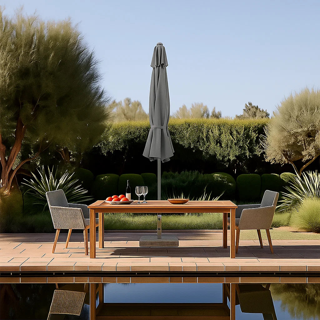 Beacon celestial center pole outdoor umbrella with crank and wheel base, featuring a durable canopy for shaded outdoor spaces.