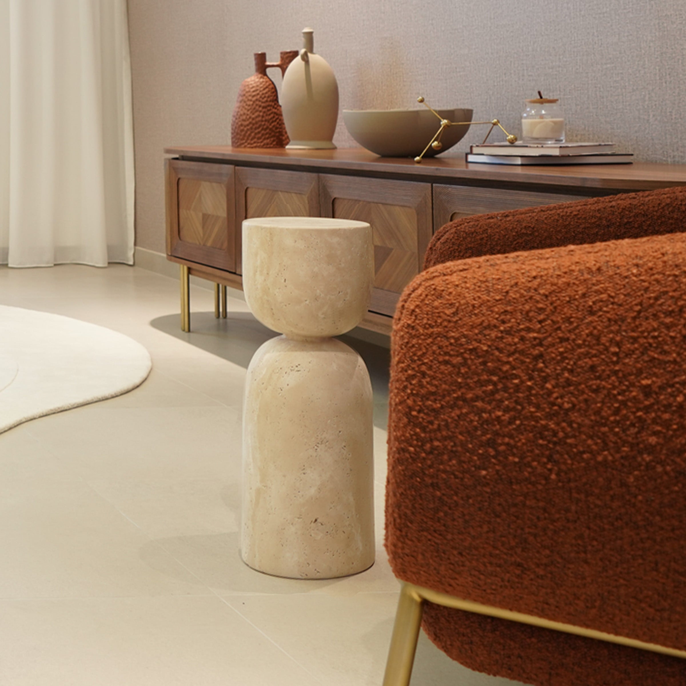 BEACON JIADG beige travertine side table featuring a chess-inspired design, perfect for modern living spaces.