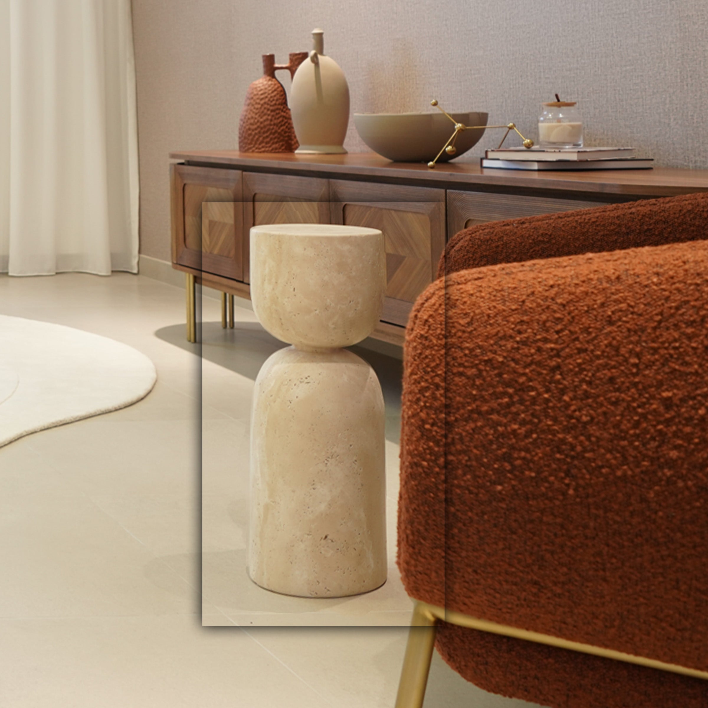 BEACON JIADG beige natural travertine side table with sleek square top and sturdy base, modern design for living room decor