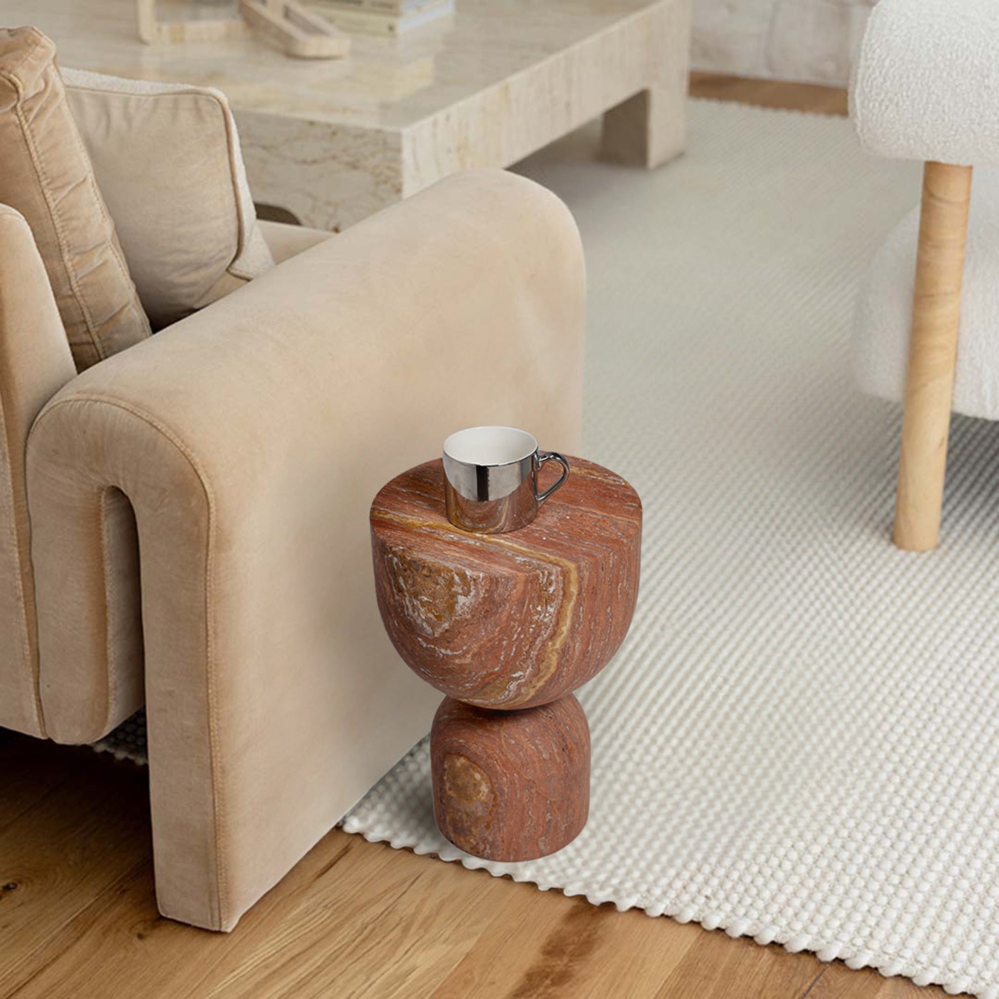 Natural red travertine chess-pattern side table by BEACON, featuring a sleek design and sturdy construction for modern living spaces.