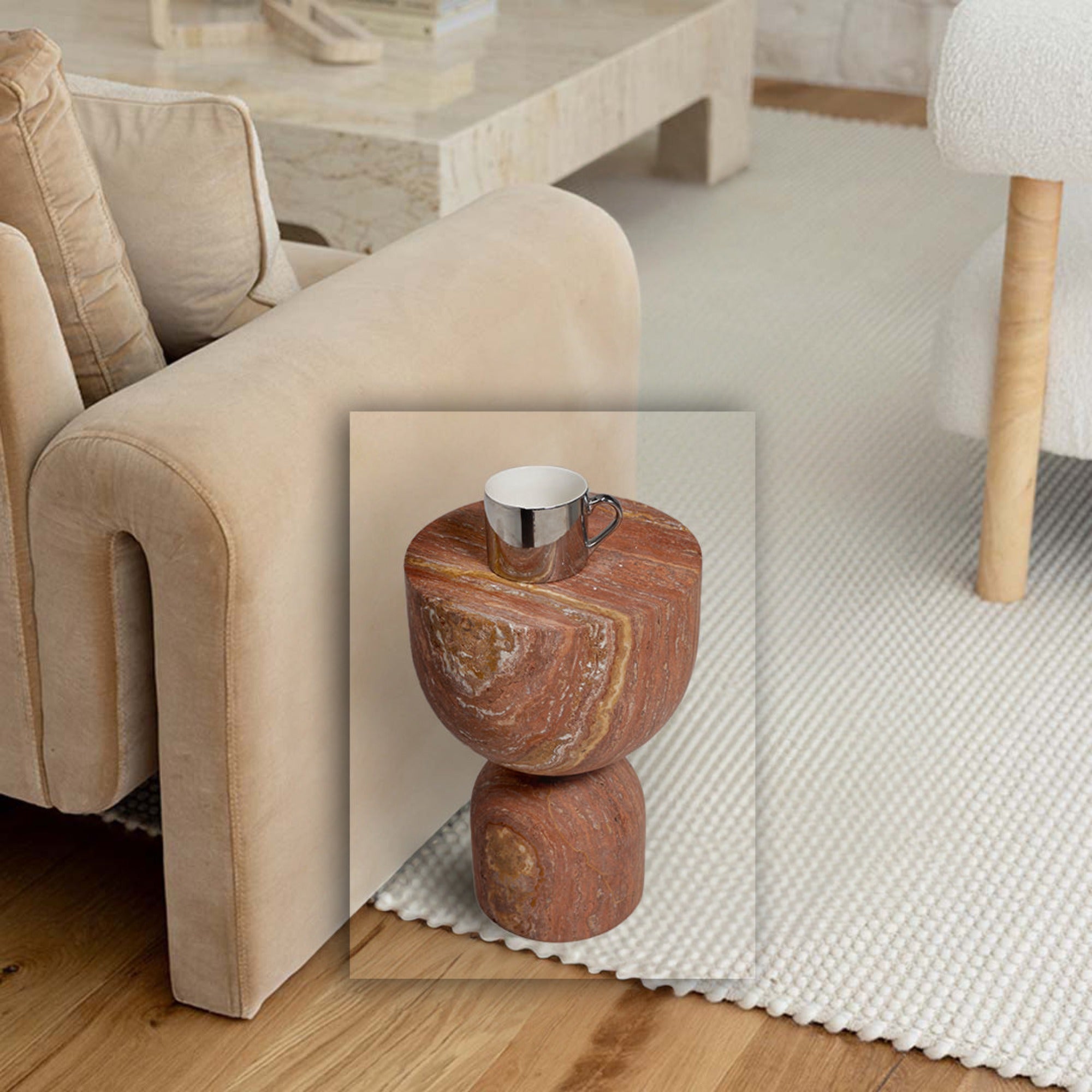 BEACON JIADG Chess Natural Red Travertine Side Table, elegant square design with rich red stone surface and sturdy base.