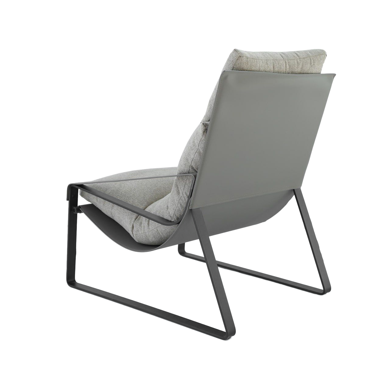 Gray leather Claude Saddle Lounge Chair by BEACON with a modern, curved design and plush cushioning for comfortable seating.