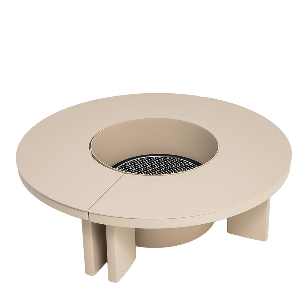 Outdoor aluminum coffee table with built-in BBQ grill by BEACON, featuring a modern design and sturdy construction for outdoor gatherings.