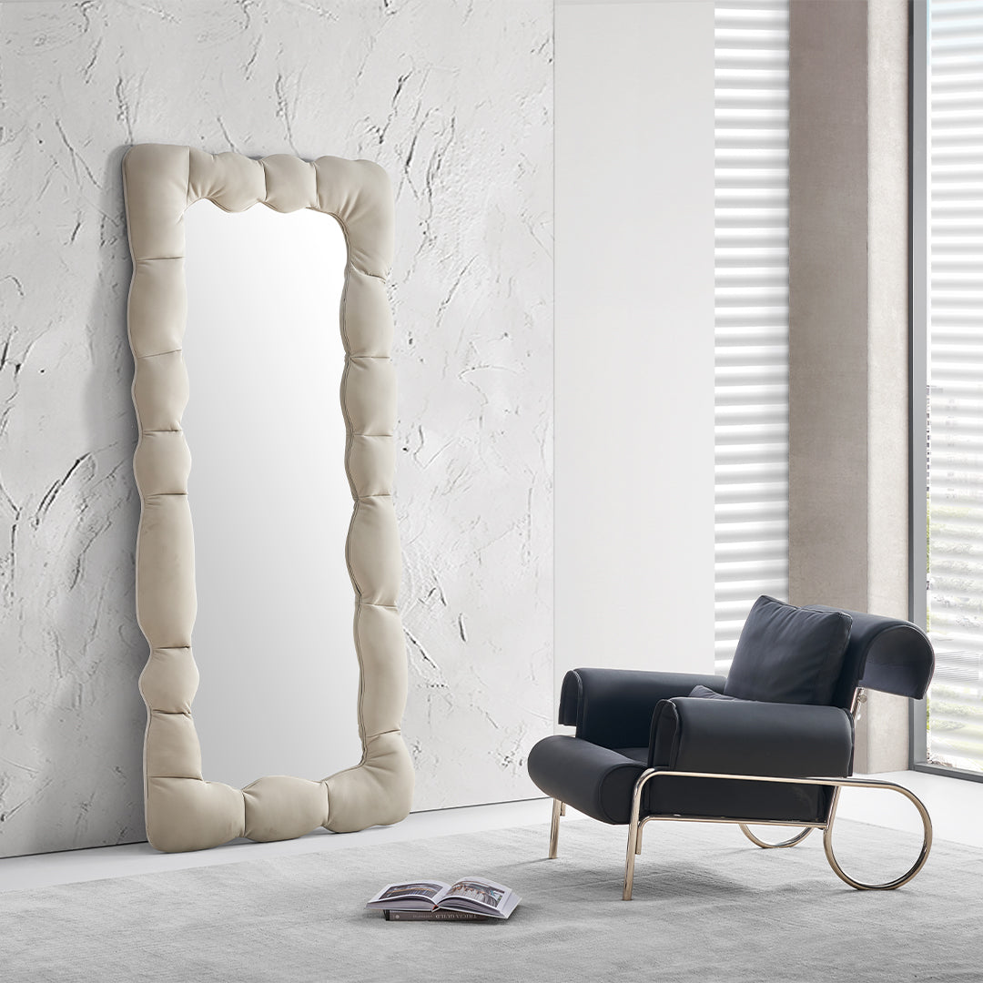 BEACON CloudPuff upholstered full-length mirror with soft cloud-shaped frame, standing upright in a modern room setting.