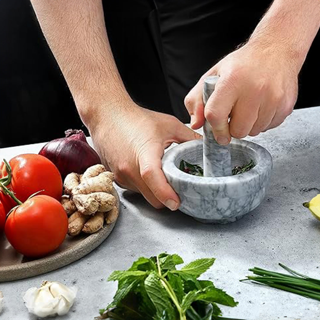 Cloudy White Marble Pestle And Mortar Dia 12x H 6cm - WMPM1206 -  Cookware Sets - ebarza Furniture UAE | Shop Modern Furniture in Abu Dhabi & Dubai - مفروشات ايبازرا في الامارات | تسوق اثاث عصري وديكورات مميزة في دبي وابوظبي